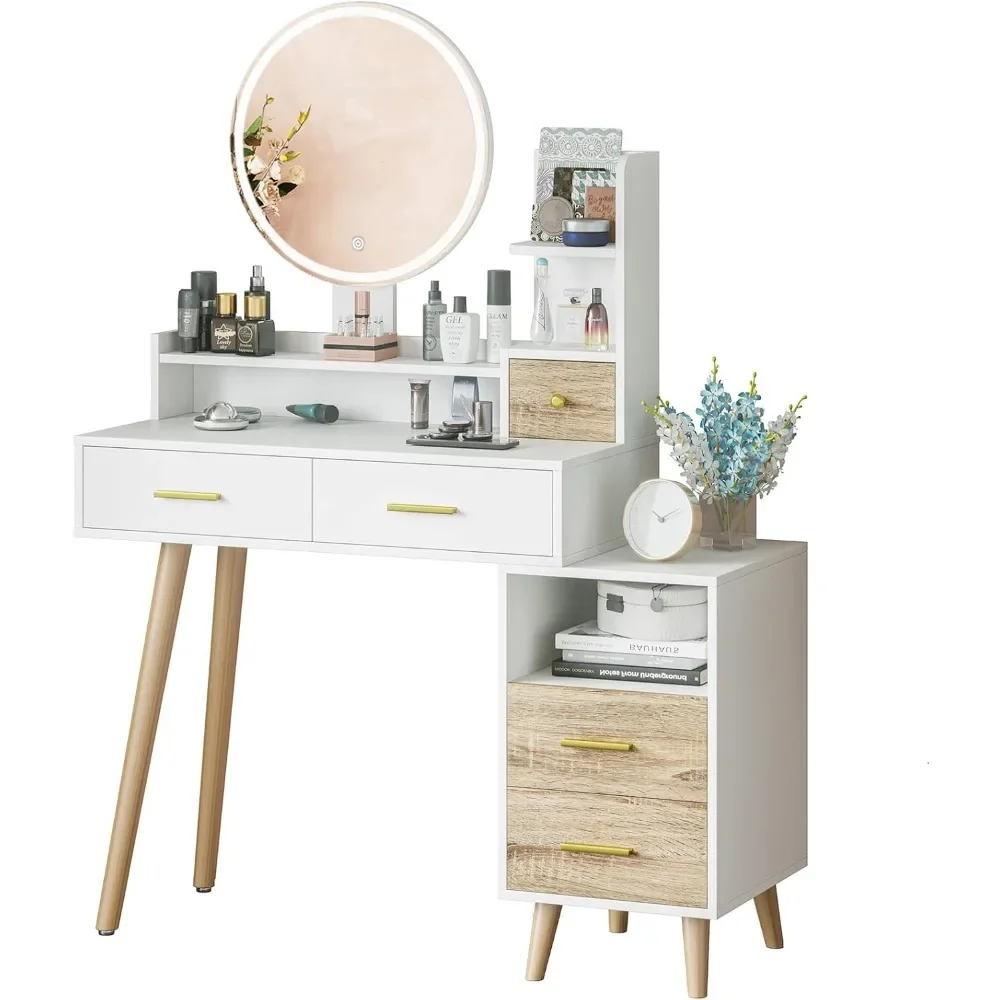 Dressing table, dressing mirror with light and 3-color touch screen dimming mirror, dressing table with 5 drawers