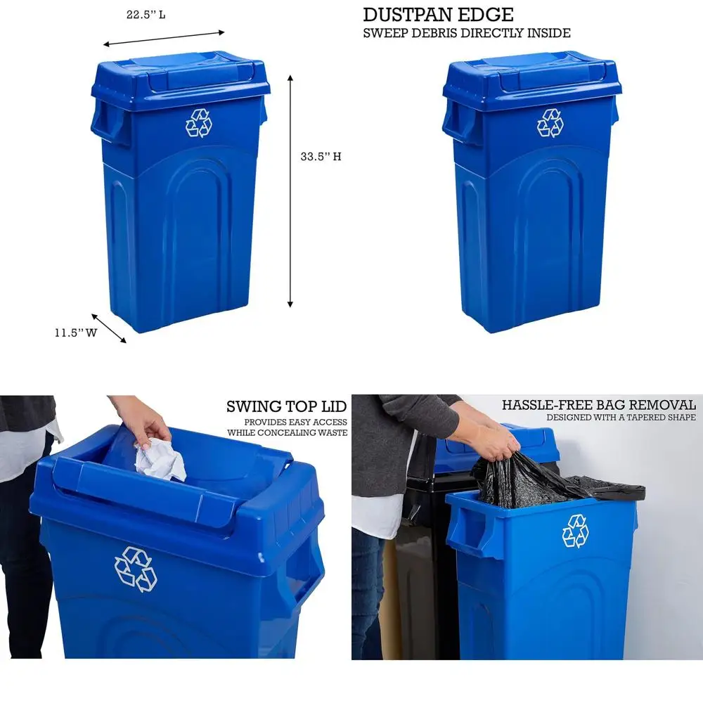 

Blue 23-Gallon Highboy Plastic Recycling Bin with Lid, Pass-Through Handles, and Dustpan Rim for Kitchen Trash