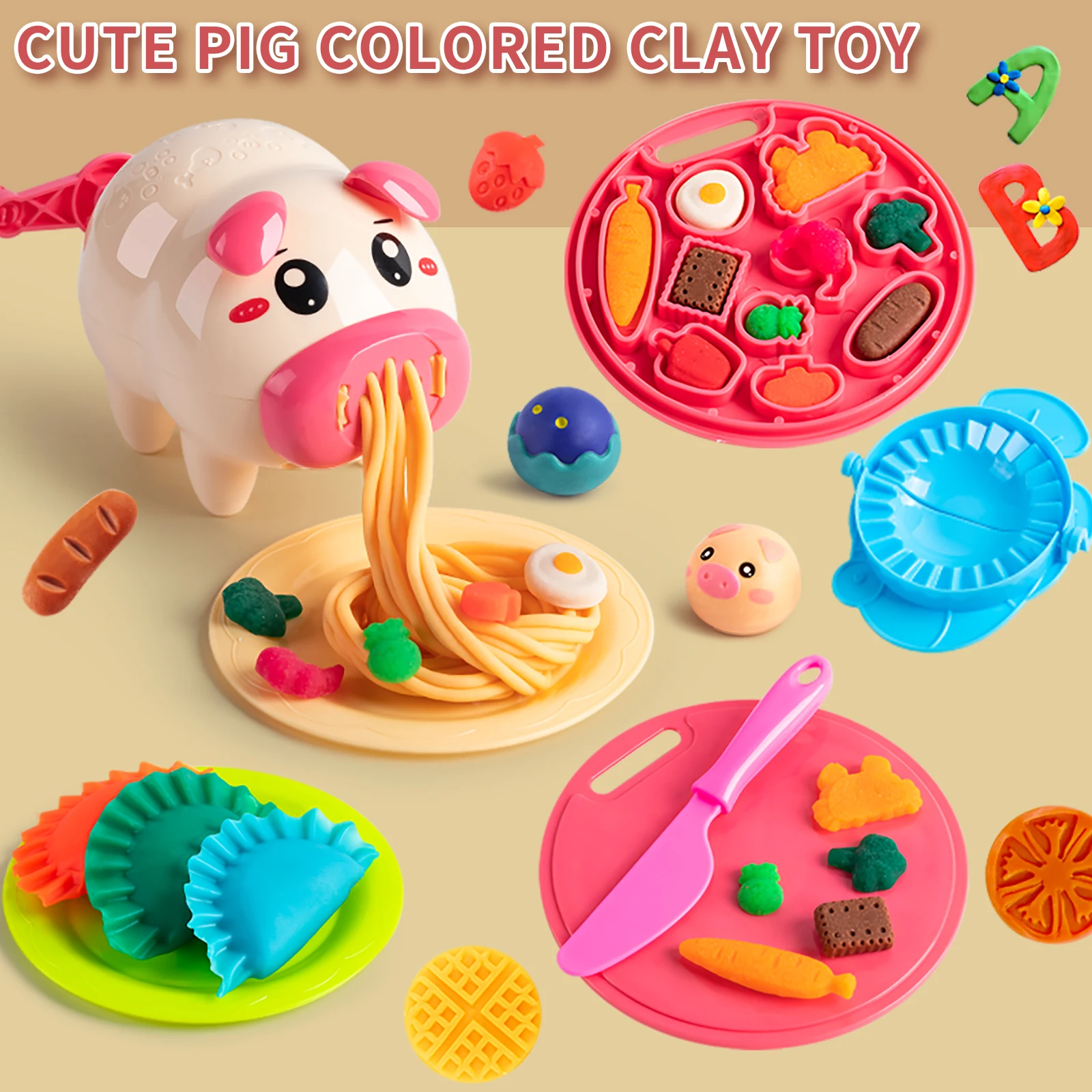 Cartoon Cute Pig Noodle Machine Clay Set Game Noodle Machine Multiple Molds Knife Fork Clay Set Toys 