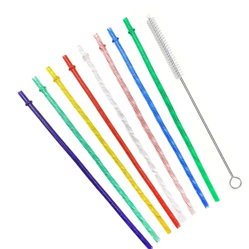 5Pcs Swirl Straws Reusable 24cm Long Hard Plastic Shiny Crystal Tumbler Replacement Drinking Straws With Cleaning Brush