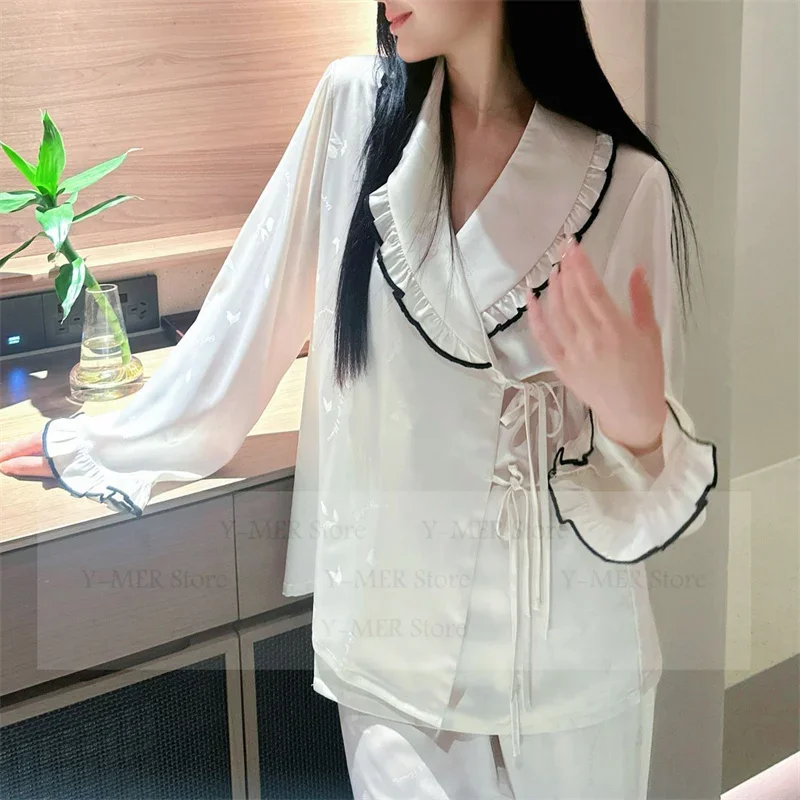 

Весенне-летние новые пижамы De Mujer, женская атласная одежда для сна, рубашка с воротником с лацканами, брюки, 2 шт., роскошная домашняя одежда, домашняя одежда, пижамный наряд