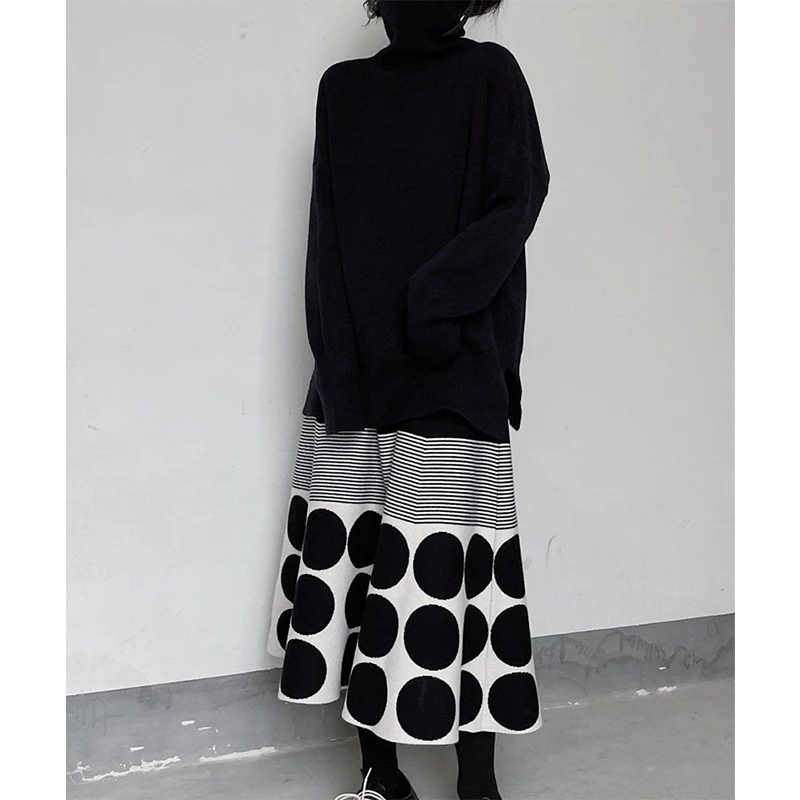 Vintage Polka Dots Knitted Midi Skirt Women Harajuku Striped Patchwork Skirts Winter Korean Elegant Loose Design A Line Faldas