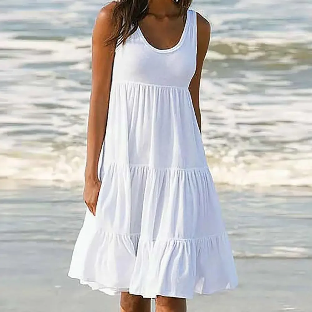 

Summer Women Casual Solid Color Midi Dress O Neck Dress 2021 Women's Swing Sleveeless Beach Woman Dresses Robe Femme
