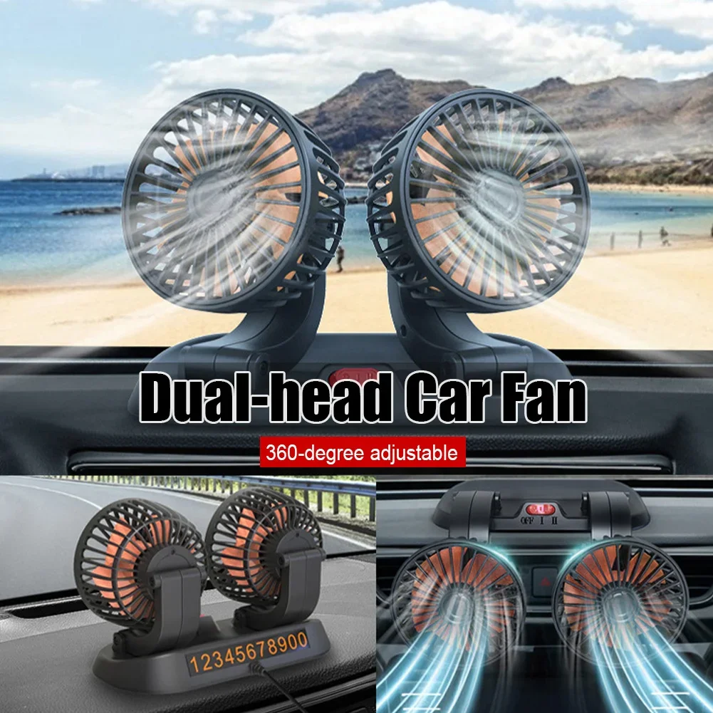 

Car Cooling Fan 360° Adjustable Two Head Car Fan 5V/12V/24V Brushless Low Noise Automotive Electric Fan for Dashboard RV Truck