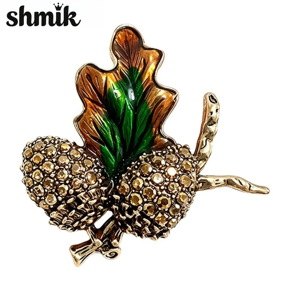 Vintage Rhinestone Acorn Oak Leaf Brooch, Retro Enamel Leaf Branch Lapel Pin, Autumn Plant Badge Coat Scarf Decor Jewelry Gift