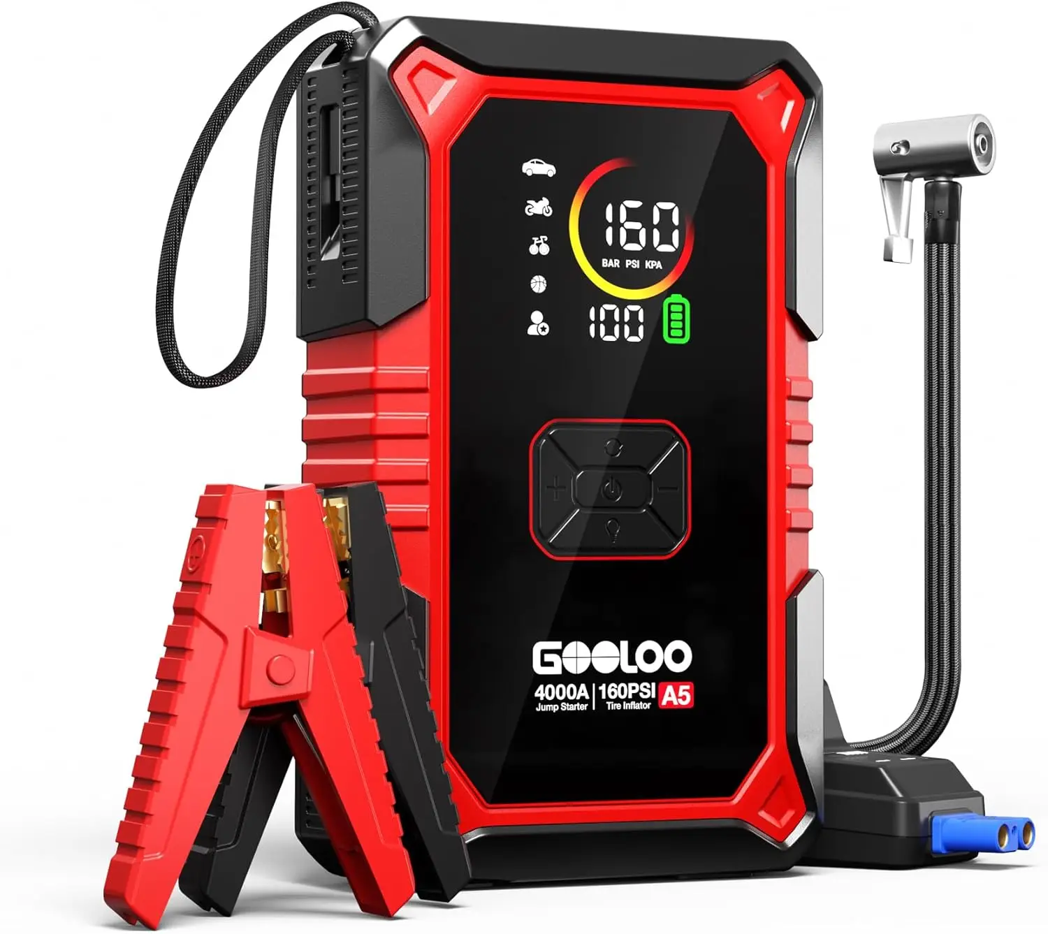 

4000A Car Jump Starter with Air Compressor, 160PSI Tire Inflator, 45W Power Bank for All Vehicles
