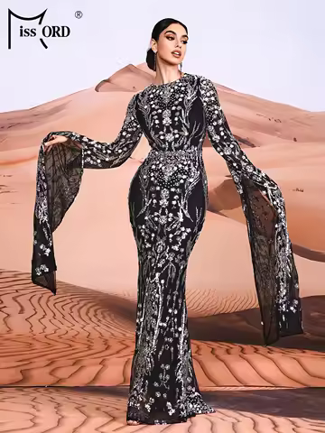 Missord 2026 Women Summer Round Necked Split Long Sleeved Sequin Mermaid Evening Ladies Party Dress