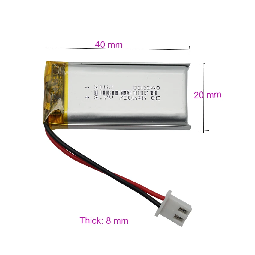 3.7V 700mAh 2.59Wh Polymer Li Battery 802040 Lipo JST 2pin 2.54 Connector For GPS Sat Nav Car Camera Driving Recorder LED Light