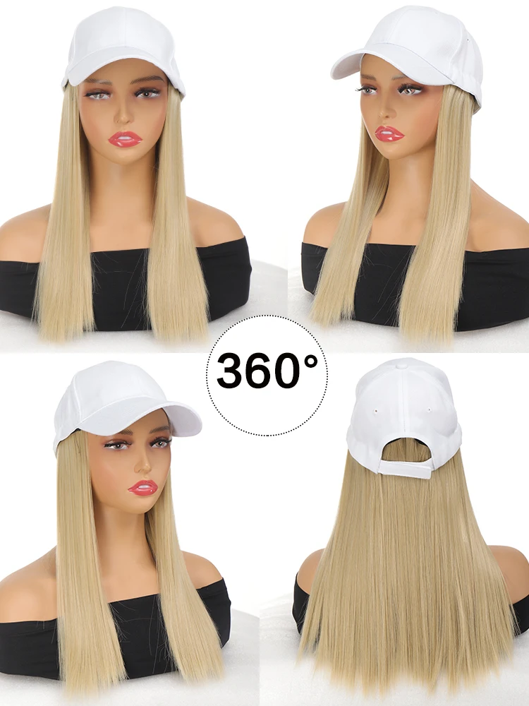 Fashion White Baseball Cap With Wig One Piece Women Summer Synthetic Long Straight Hair Adjustable Hat Wig