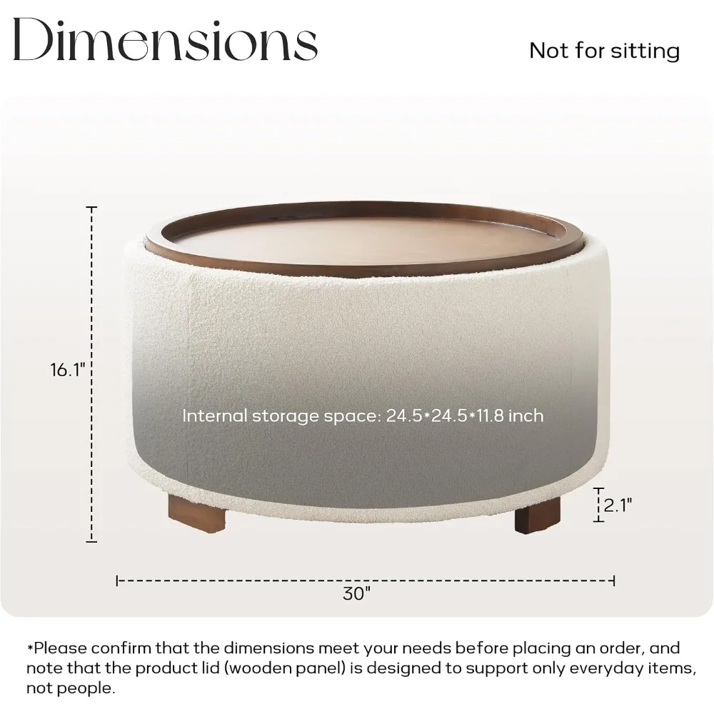 30 Inch Round Storage Ottoman with Lift Off Lid, Boucle Coffee Table Ottoman, Beige