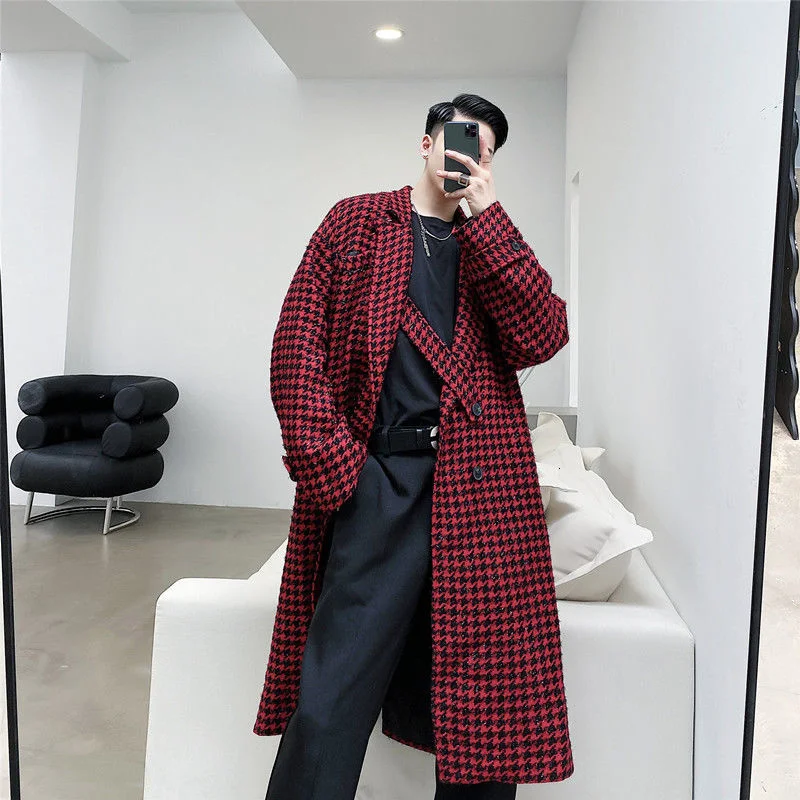 Fashion IE Vintage Plaid Bright Silk Red Woolen Coat 2022 New Notched Collar Double Breasted Autumn Winter Long Jacket 2D0212