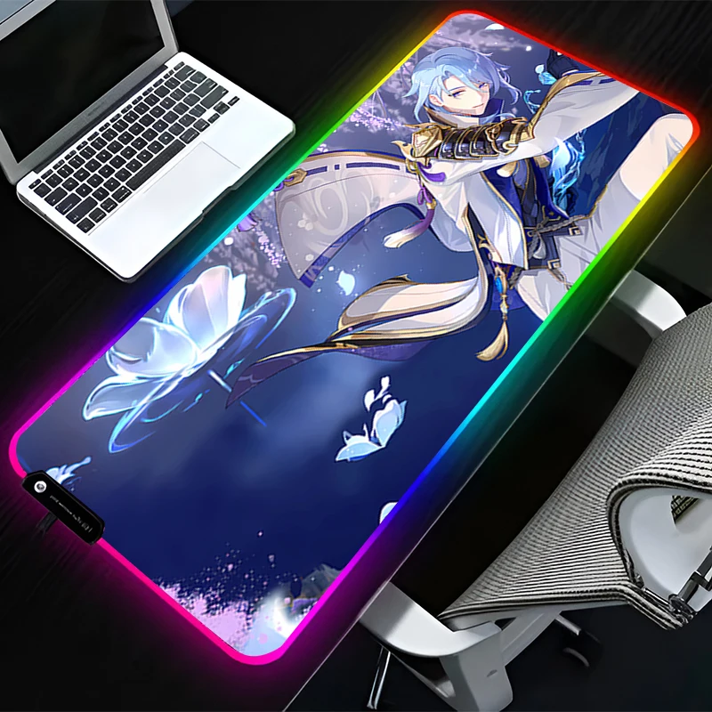 RGB LEDマウスパッド PCアクセサリー マウスパッド HD拡張パッド ゴム製キーボードパッド 滑り止め G-原神 カミサトアヤト デスクマット