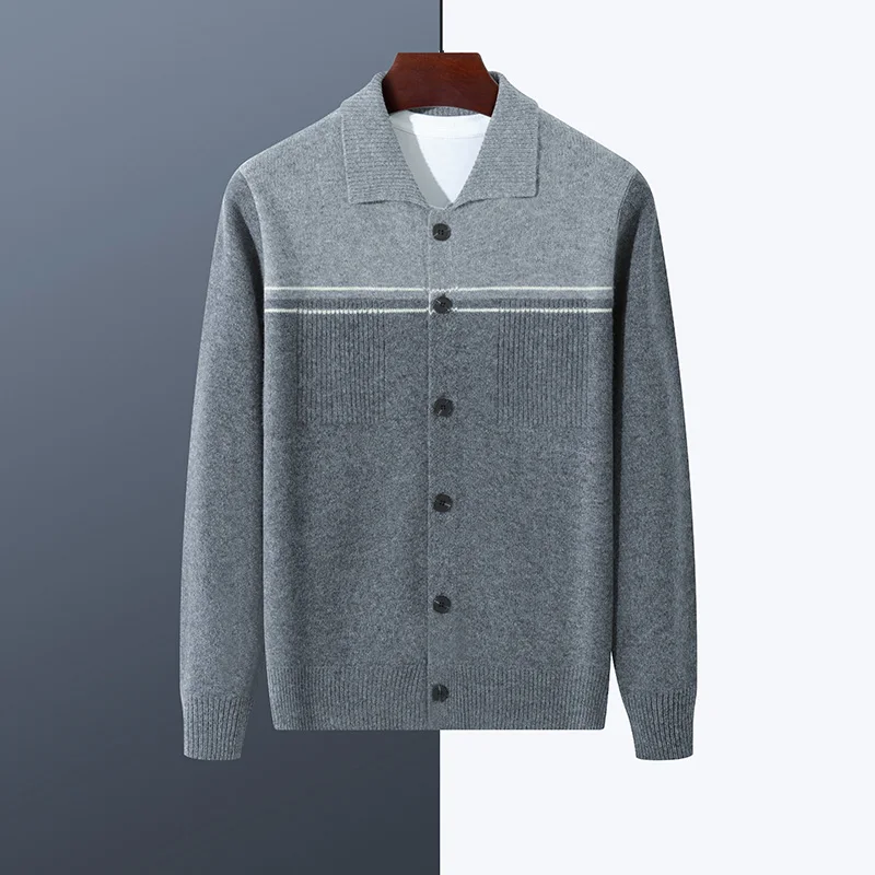 Autumn And Winter New 100% Pure Wool Lapel Cardigan Leisure Business Men's Knitted Bottoming Color Matching Sweater Coat