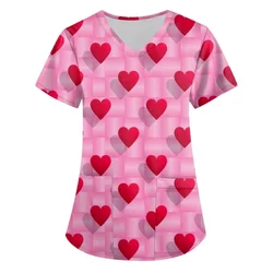 Love Cartoon Print Clinical Uniform Woman Microelastic Health Care V-Neck Nursing Short Sleeve with Pocket Nurse Uniform Woman