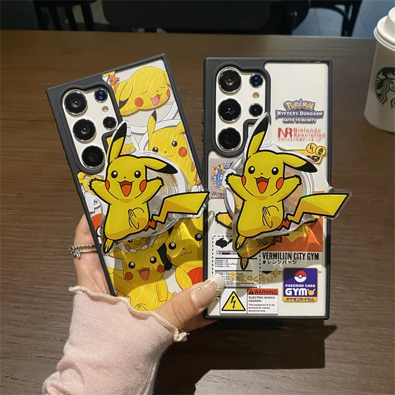 

Cartoon Cute Pokemon Pikachu Magnetic Bracket Magsafe Wireless Charge Clear Cover For Samsung S22 S23 S24 Ultra Plus Funny Case