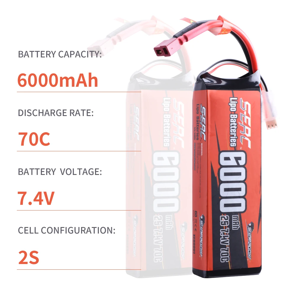 Sunpadow 2S Lipo Battery 7.4V 6000mAh 70C Soft Pack with Deans T Plug for RC Car Boat Airplane Truck Tank Vehicle Truggy Buggy