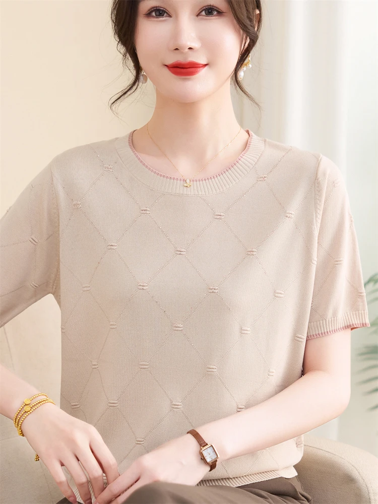 

Модная легкая трикотажная футболка из ледяного шелка с коротким рукавом для женщин среднего возраста, летняя повседневная модель с круглым вырезом