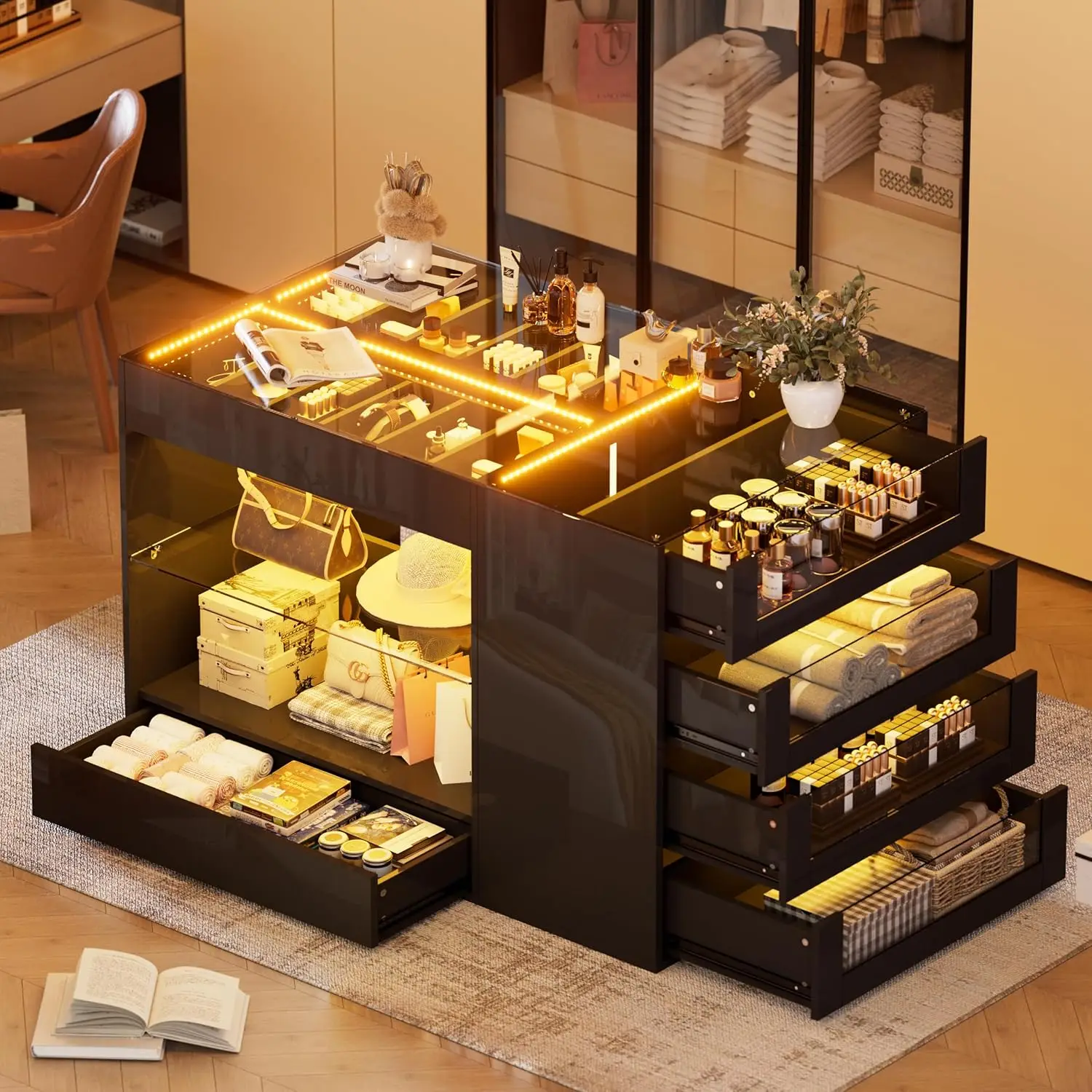 

Closet Island with Drawers, Glossy Wardrobe Armoire Bedroom Island with Glass Tabletop, Lights&Jewelry Organizer,, Customized