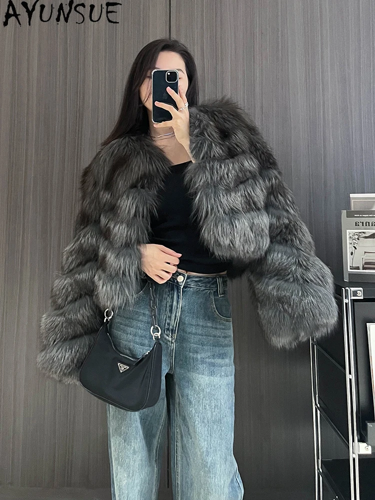 AYUNSUE Winter Whole Skin Fox Fur Jacket Woman 100% Natural Fox Fur Jackets Woman Clothes Short Luxury Outerwears Abrigo Mujer