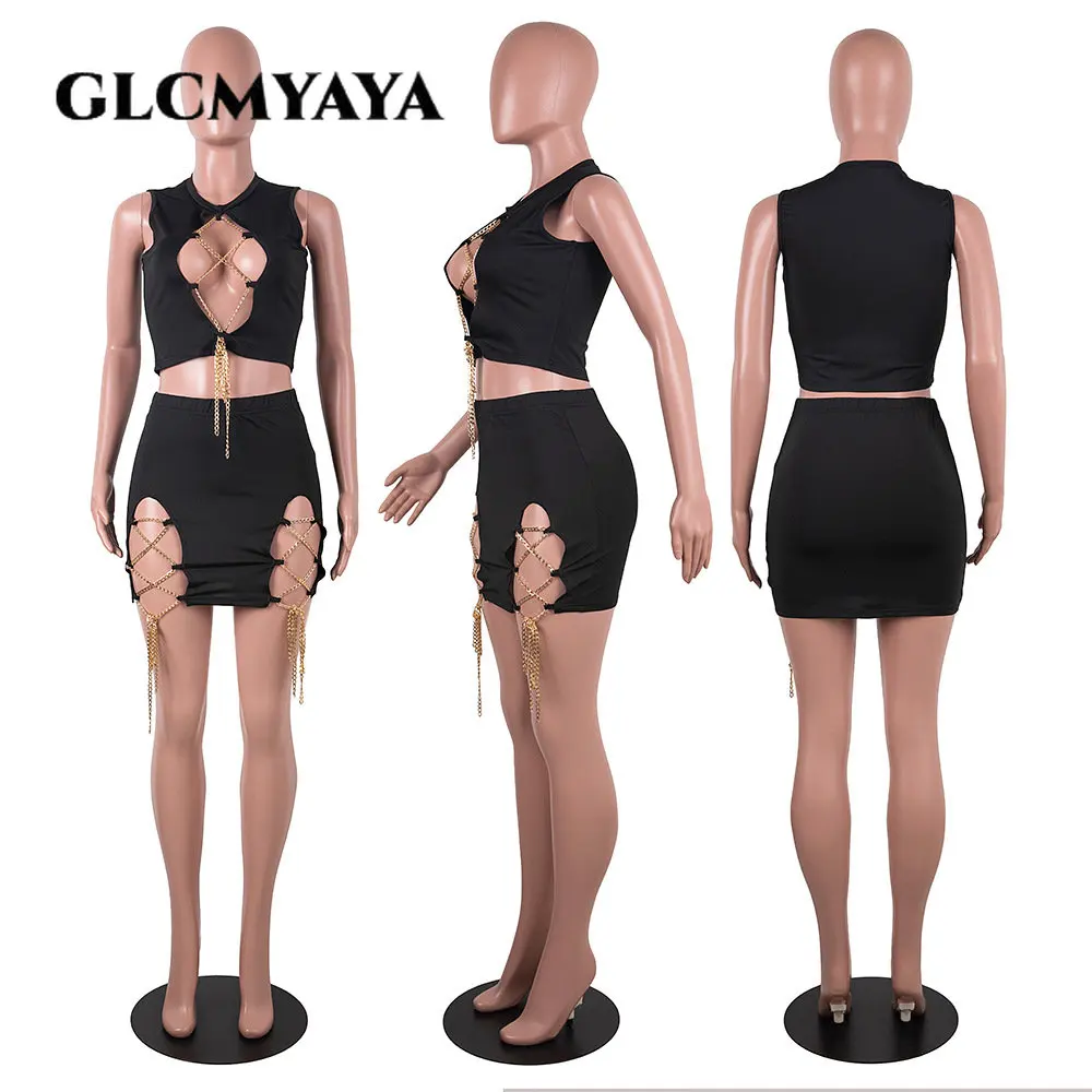 GLCMYAYA Women Set Chain Lace Up Sleeveless Crop Tops Sheath Elastic Mini Skirts Suit 2023 Two 2 Piece Set Sexy Club Outfit