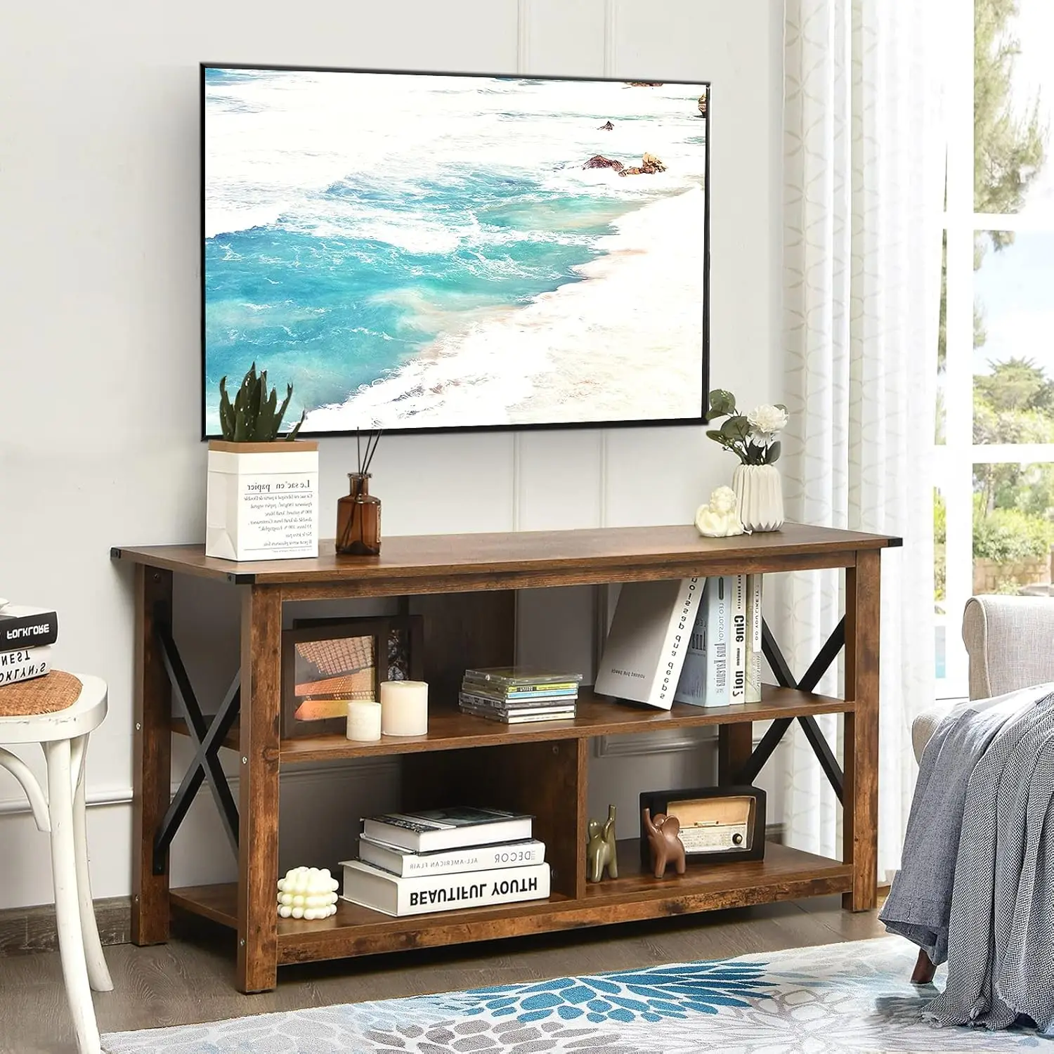 Wood TV Stand with Open Shelves and X-Shaped Frame, 3 Tier Entertainment Center for 55-Inch TV, Farmhouse TV, Customized