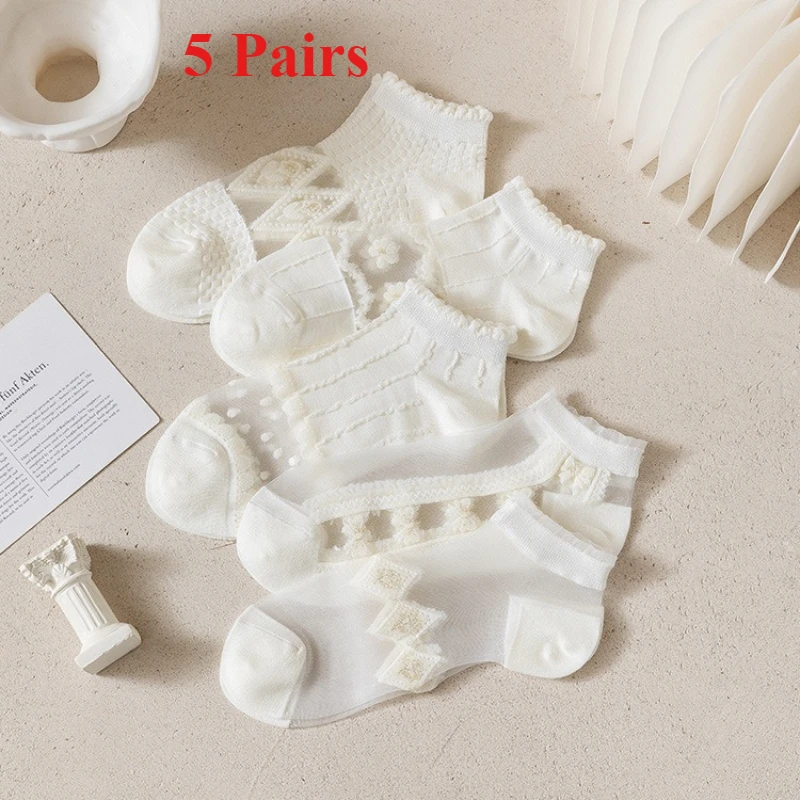 

5 Pairs of Summer Crystal Short Socks Women's White Low Tube Cool Socks Set Fiberglass Women's Soft and Comfortable Casual Socks