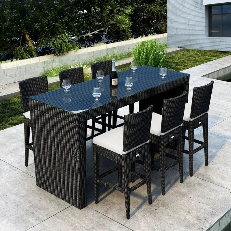 Outdoor storage Bar chairs Outdoor restaurant Bar Tall tables and chairs Villa balcony Rattan waterproof sunscreen table and cha