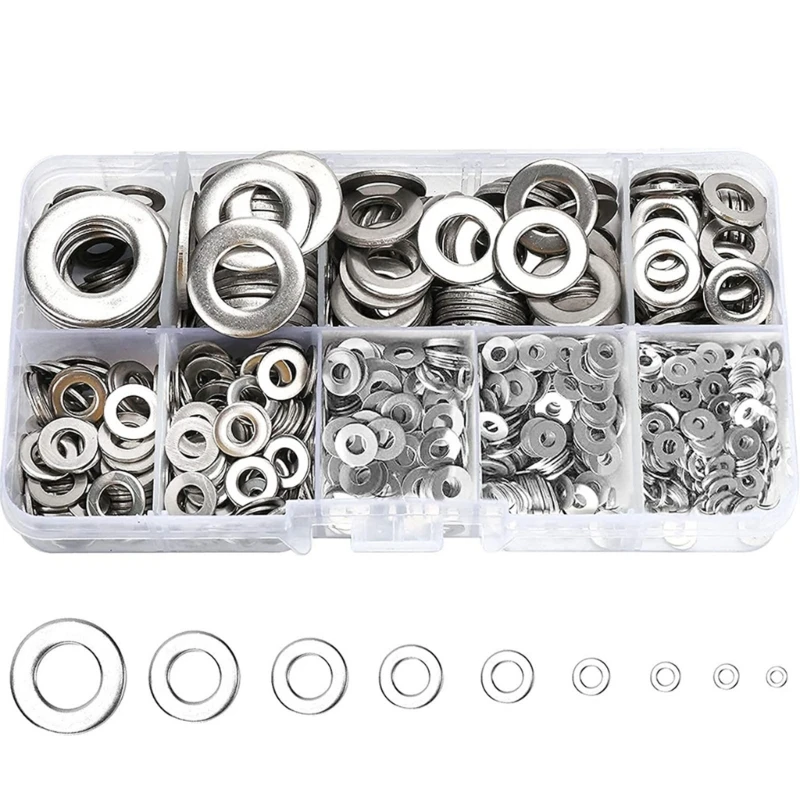 800Pcs Sturdy Stainless Steel Flat Washers Assortment Multiple Size Washer Set Portable for Screws and Bolts Daily Use