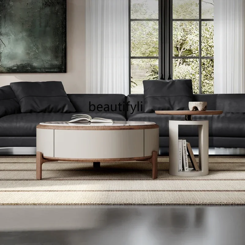 

LJYItalian minimalist rock slab coffee table small apartment living room home, new wabi sandy wind walnut round coffee table