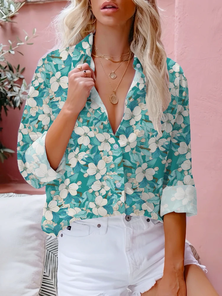 Casual Women's Shirt With Floral Pattern Print Street Fashion Women's Lapel Button Up Shirt Daily Women's Elegant Printed Shirt