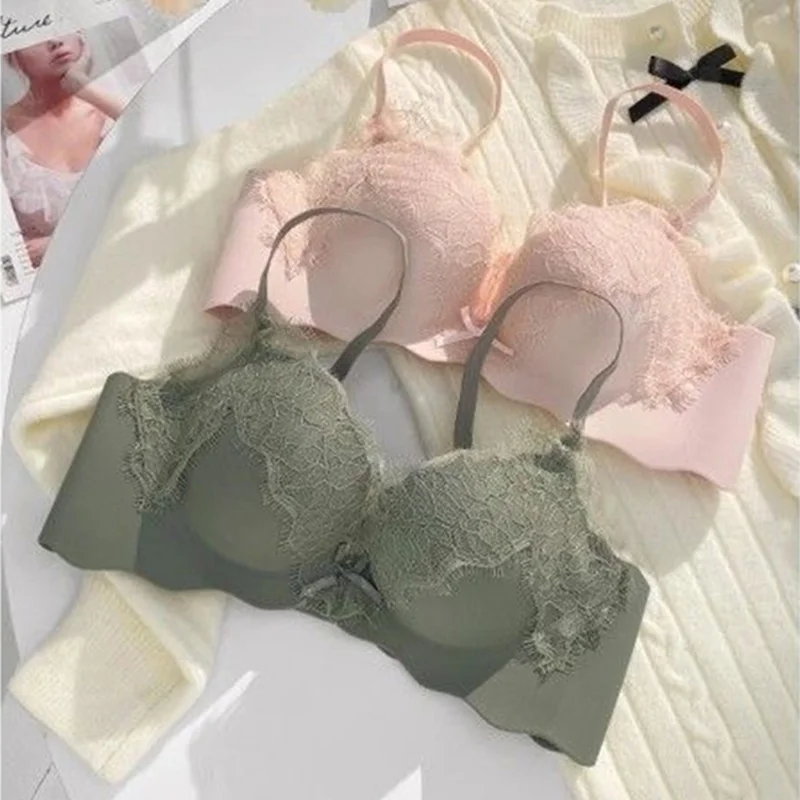 Mujer Bralette dla kobiet Koronkowy biustonosz push up Różowa kokardka Piękno Seksowne biustonosze bezszwowe Biustonosz bez fiszbin Femme Lingeries Bielizna Damska