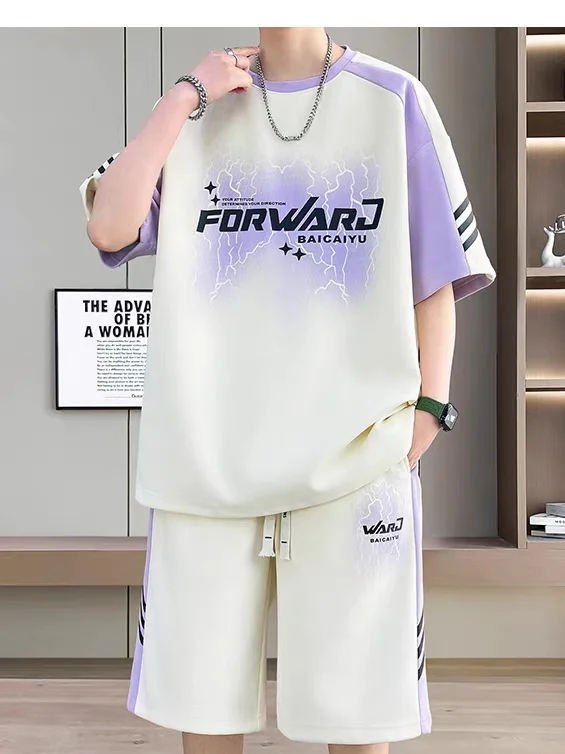 アイスシルクスポーツセット-メンズ-サマー2026-カジュアル半袖ショーツ-ポリエステル繊維-ティーンエイジャー向けツーピーススーツ-スタイリッシュなアウトフィット