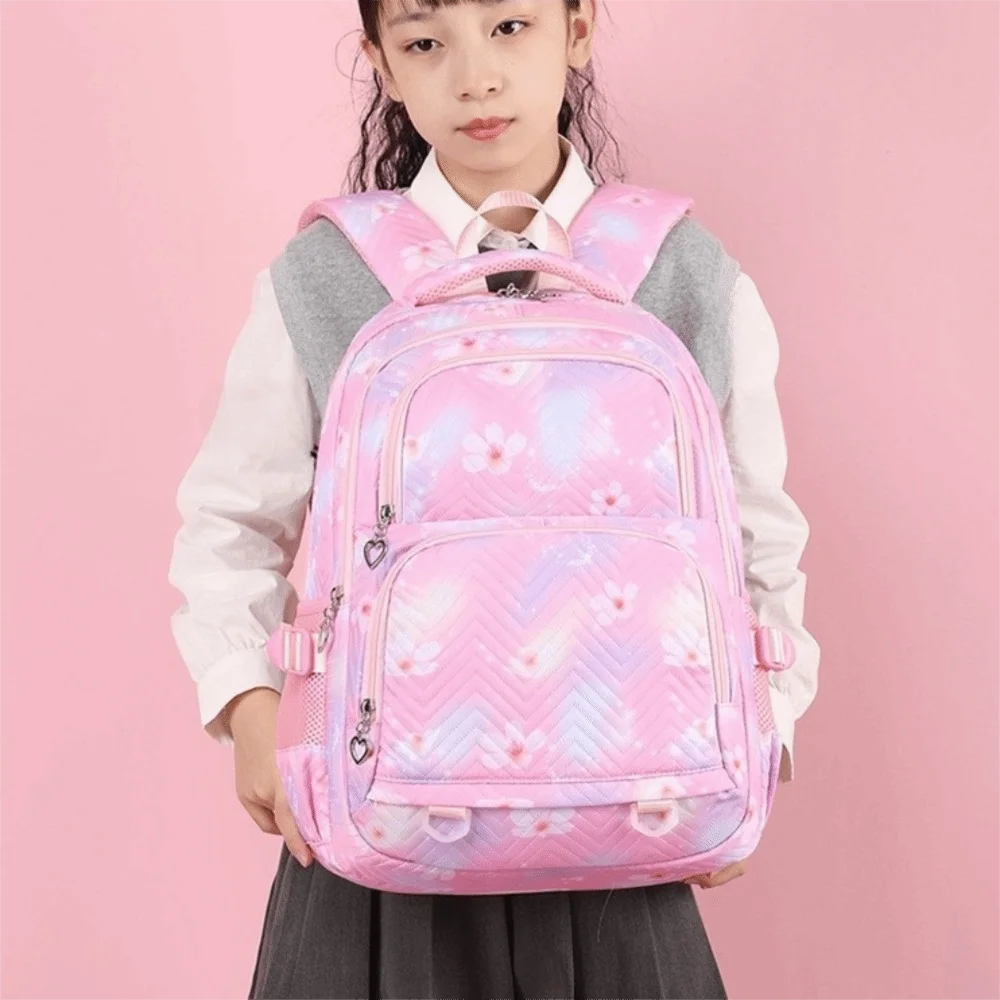 花柄プリント子供用バックパック-ナイロン製-多ポケット-ショルダーバッグ-韓国スタイル-大容量-学生用スクールバッグ