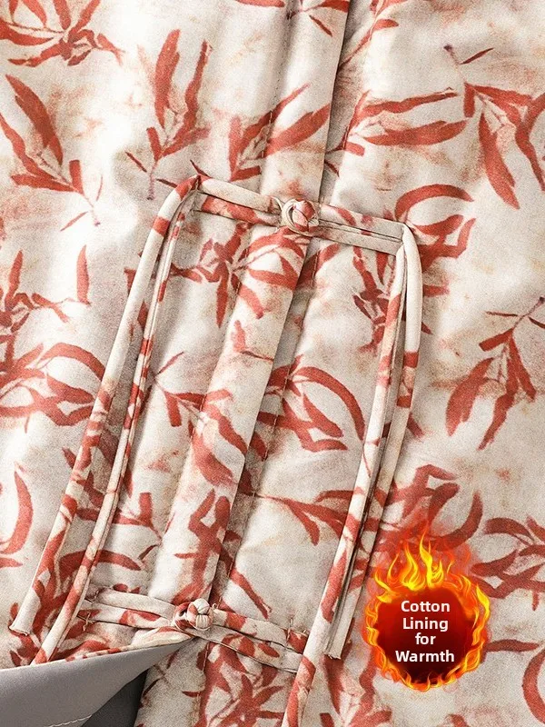 Rompi Katun Cetak Gaya Retro Cina Ukuran Besar Pakaian Wanita Kancing Kerah Tegak Jaket Musim Dingin