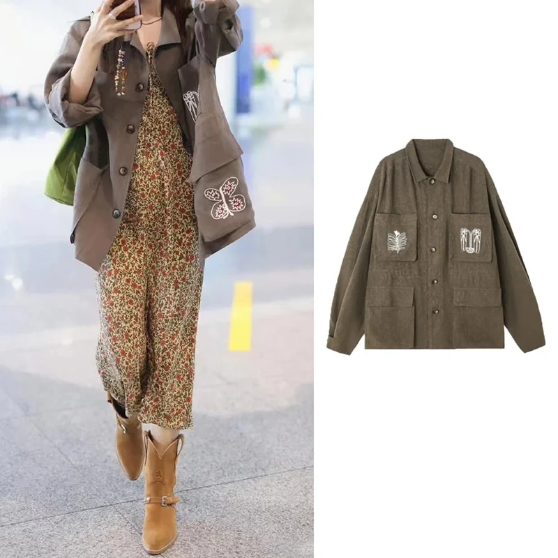

Ele Embroidered Bird And Four ket Loose Coat Vintage Sle Women's irt Fall Winter New Arrival