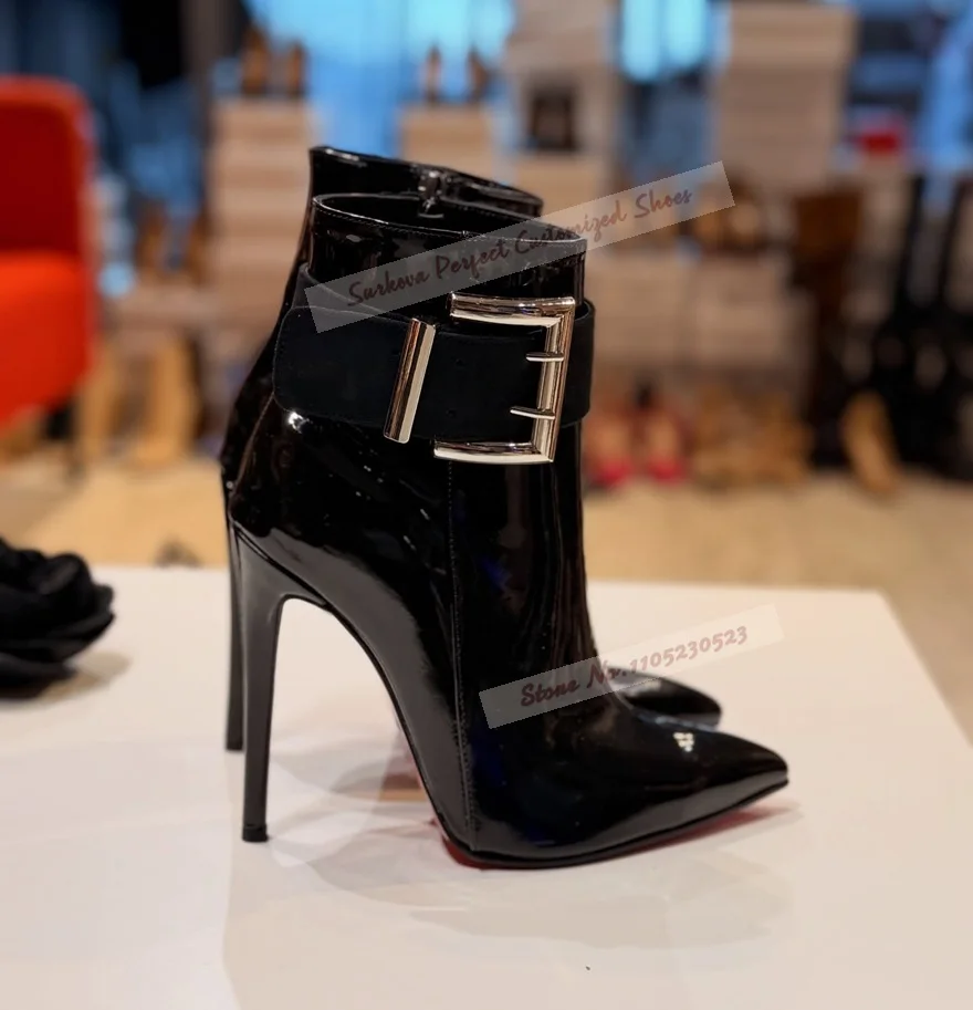 Stiletto-Absatz Stiefeletten mit Großer Quadratischer Schnalle für Damen, Schwarze Spitze Kurze Stiefel, Elegante Bankett-Schuhe