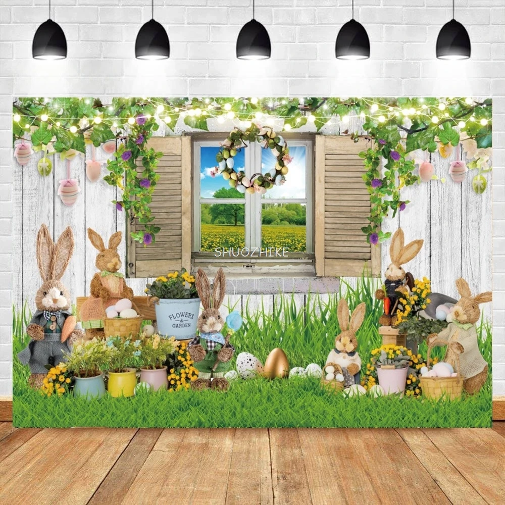 Spring Easter Photography Backdrop Window Sill Cute Rabbit Flower Wreath Baby Shower Birthday Portrait Background
