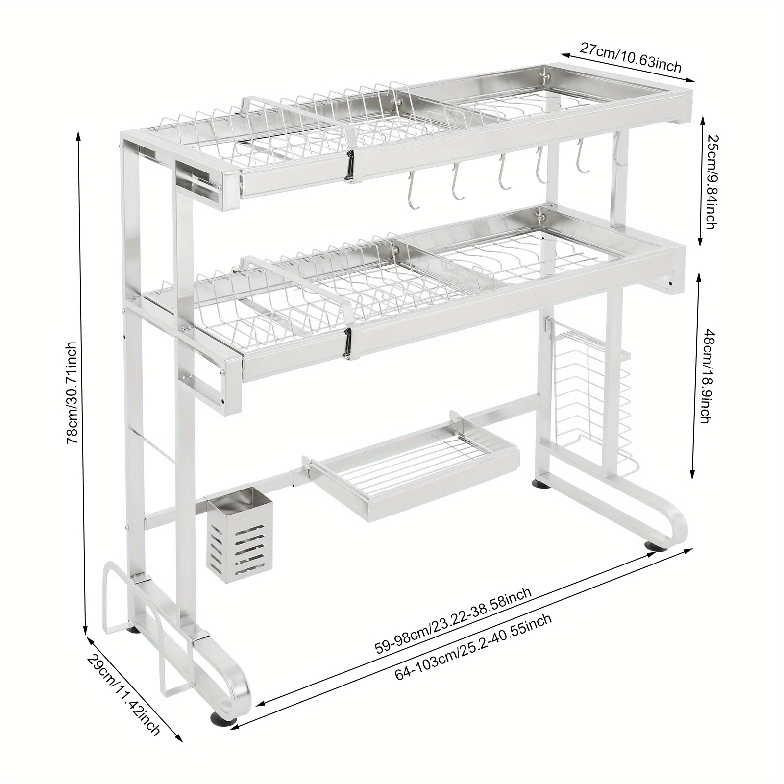Rejilla para secar platos sobre fregadero de 2 niveles, rejilla para secar platos de acero inoxidable, organizador extensible sobre fregadero de cocina