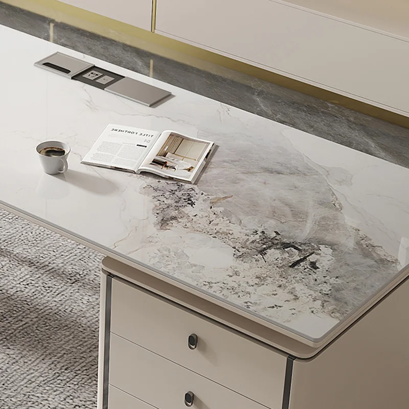 Meja Kerja Batu Sinter Modern dengan Kabinet Penyimpanan Laci dan Kaki Logam, Meja Tulis Kontemporer untuk Kantor Rumah atau Ruang Belajar
