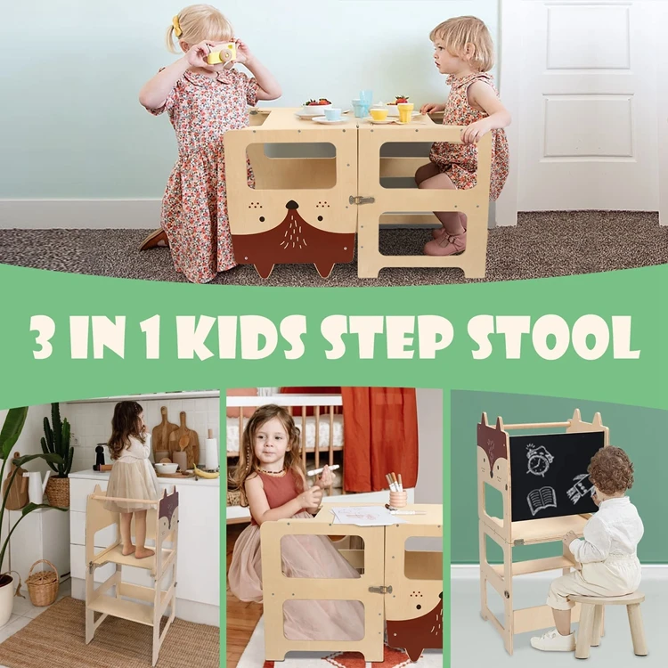Customize 3 in 1 Kids Step Stool Foldable Kitchen Stool Helper Learning Wooden Tower With Chalkboard
