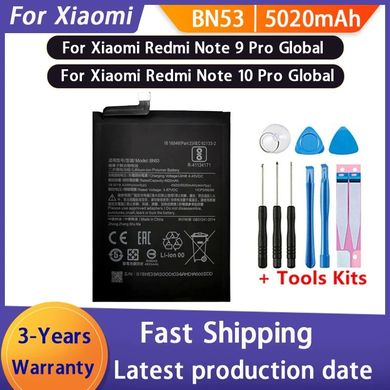 New 5020mAh BN53 Battery For Xiaomi Redmi note 10 Pro global/Redmi note 9 Pro global replacement Batteries+Tools