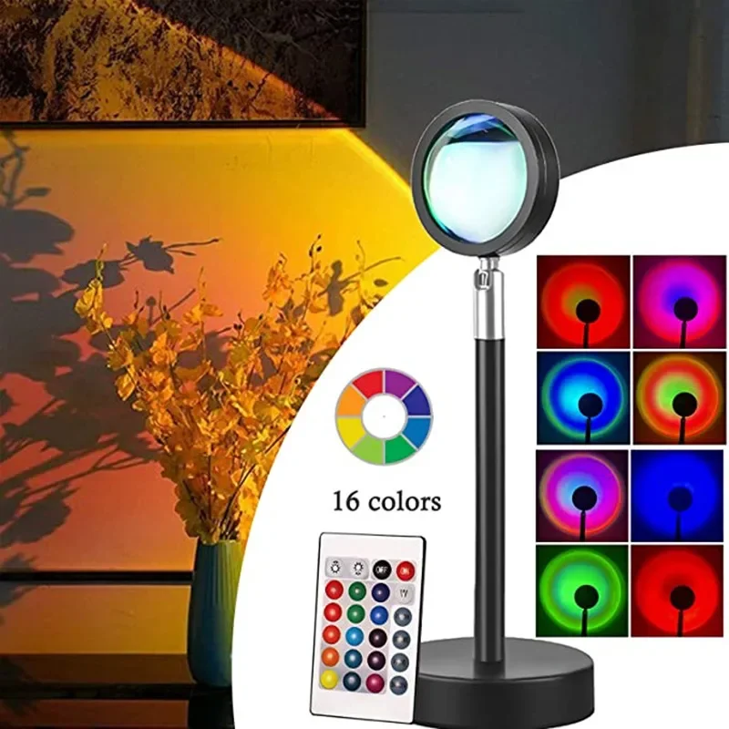 16 Colors RGB Dimming 180 Degree Rotation Remote Control USB Plug-in LED Rainbow Sunrise Sunset Halo Projector Light