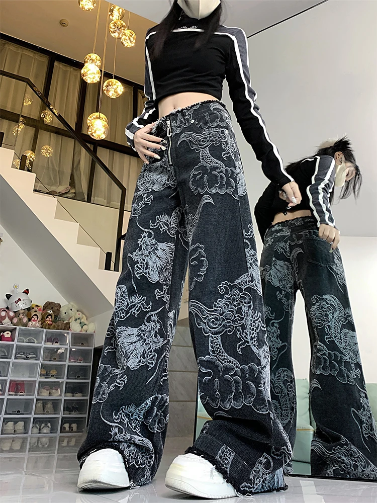 Women's Black Gothic Y2k Baggy Jeans Harajuku Japanese 2000s Style Dragon Print Denim Trousers Vintage Jean Pants Trashy Clothes