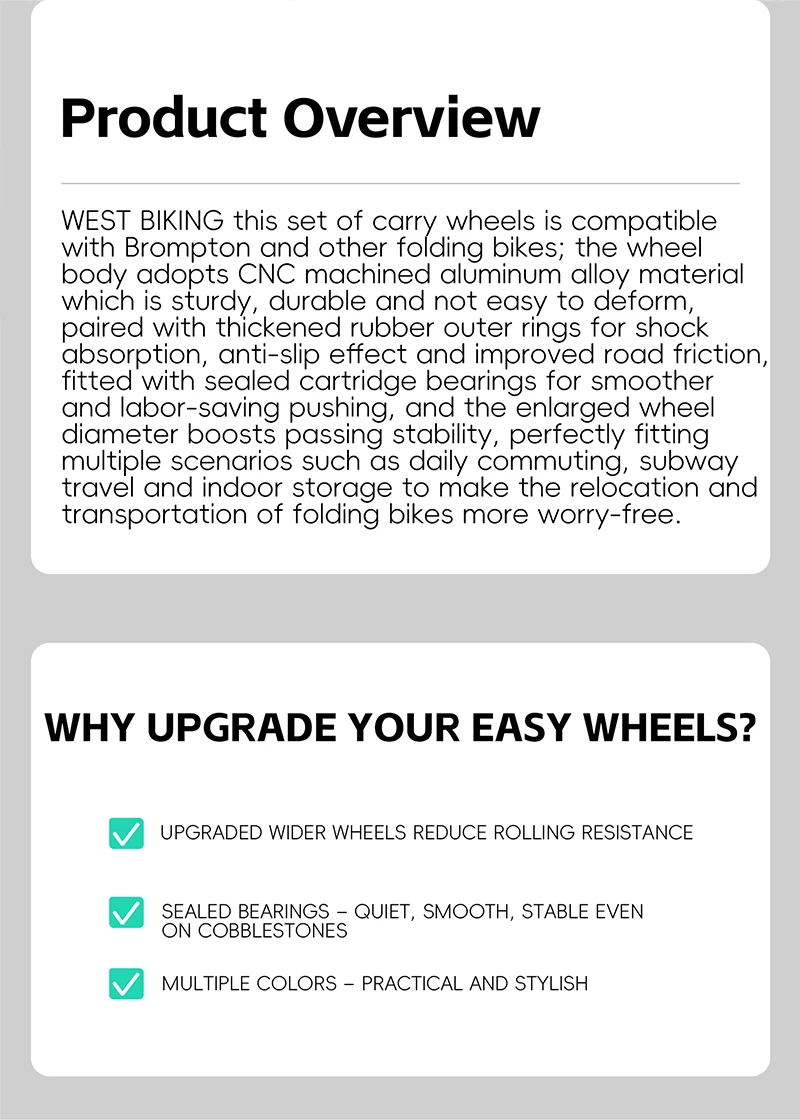 WEST BIKING CNC-Aluminium-Easy-Räder für Brompton-Faltrad-Rollen, abgedichtete Lager, tragbarer Gepäckwagen, Fahrradzubehör – Detail 2