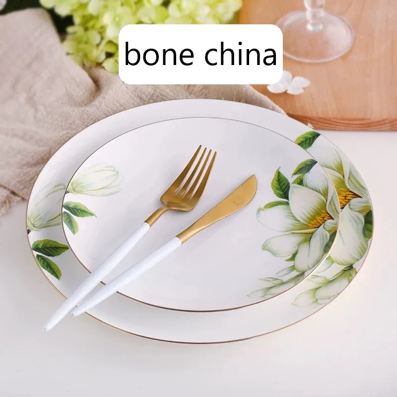 

8 + 10 дюймов, наборы кухонной утвари из тонкого костяного фарфора, тарелки, дизайн камелии, фарфоровая тарелка, керамический обеденный набор, посуда