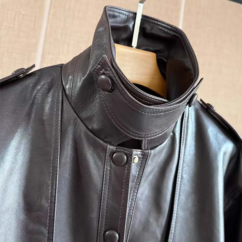 Women coat spring Sheepskin suit jacket two big pockets new fashion genuine leather clothes with belt regular length