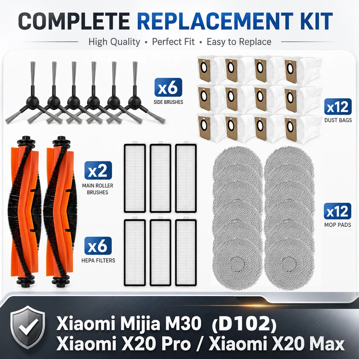 Kompatibel mit Xiaomi Mijia M30 D102 / Xiaomi X20 Pro D102GL / Xiaomi X20 Max D109GL Staubbeutel, Hauptbürste, Seitenbürste, Filter, Wischpads