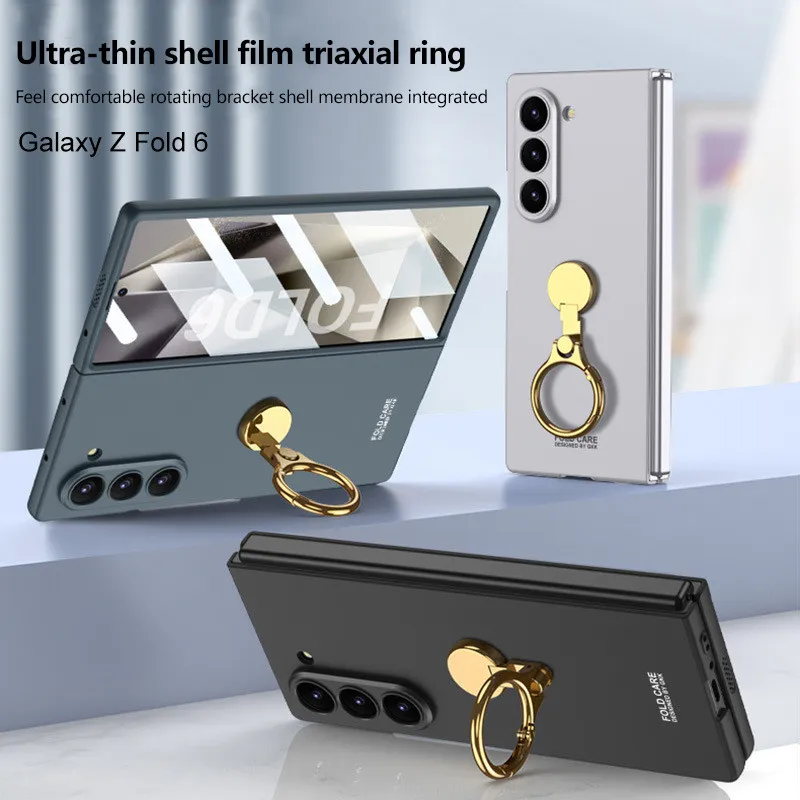 Ultra Thin Shell Membrane Case For Samsung Galaxy Z Fold6 Fold5 5G Three Axis Ring Stand Holder Protective Cover