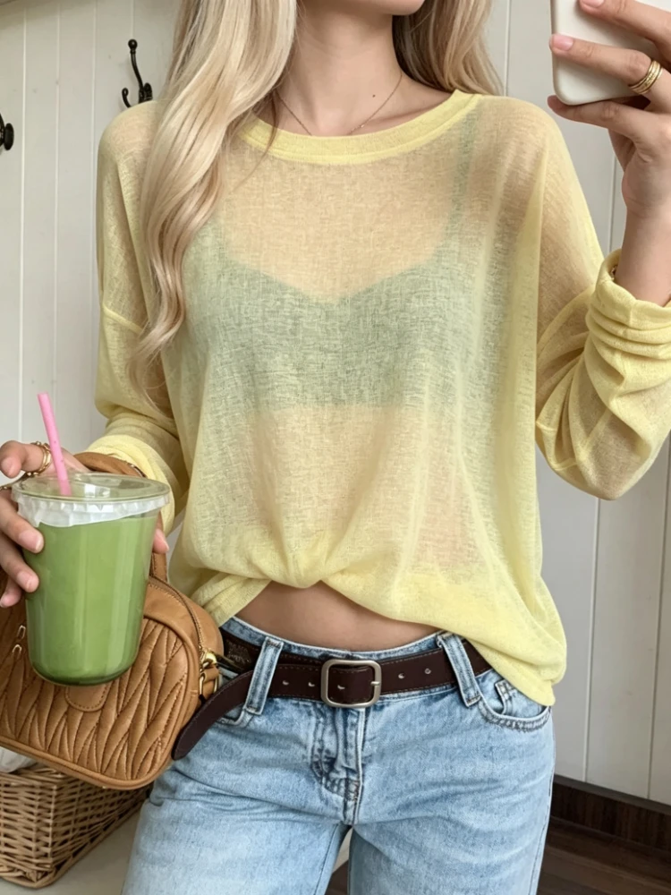 Chic New Summer Korean Style Women Solid Sun Protection Top, Thin Loose Pullover Ice Silk Knit Mesh Cover Up, Casual Shirt Top