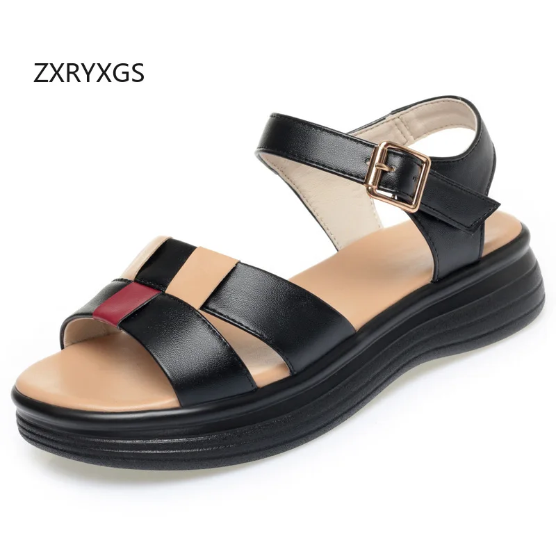 ZXRYXGS New Fashion Genuine Leather Spell Color Summer Women Sandals 2026 Thick Sole Comfortable Wedges Sandals Large Size 42